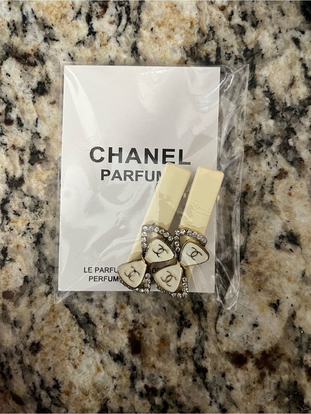 CHANEL Cream Crystal Heart Hair Clips